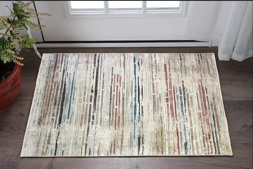 Beige Geometric Distressed Area Rug With Fringe Photo 1