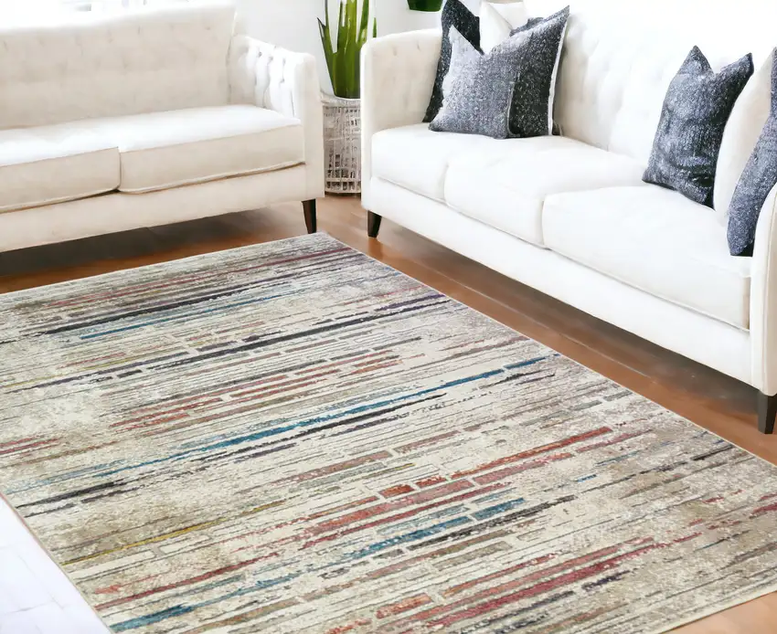 Beige Geometric Distressed Area Rug With Fringe Photo 1