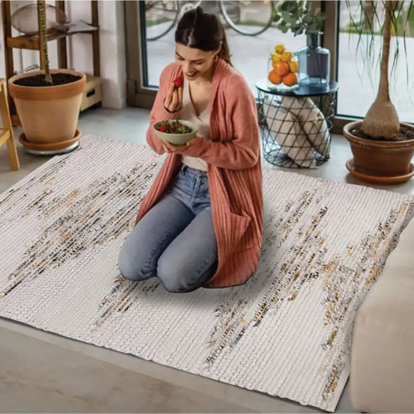 Beige Geometric Handmade Indoor Outdoor Area Rug Photo 6