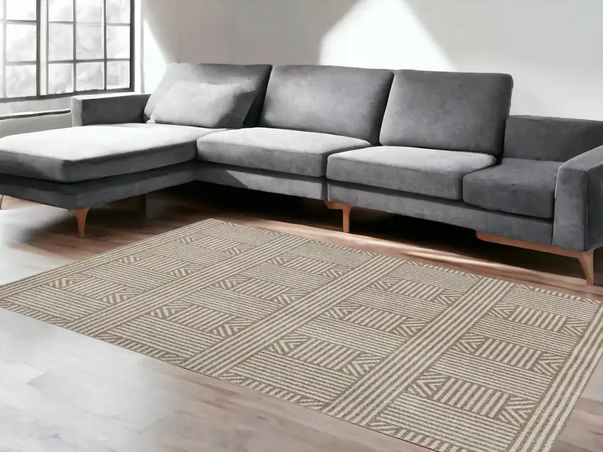 Beige Geometric Lines Uv Treated Area Rug Photo 1