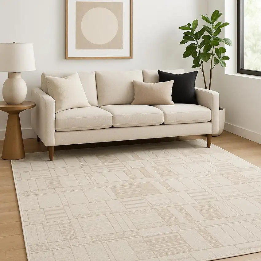 Beige Geometric Power Loom Area Rug Photo 1