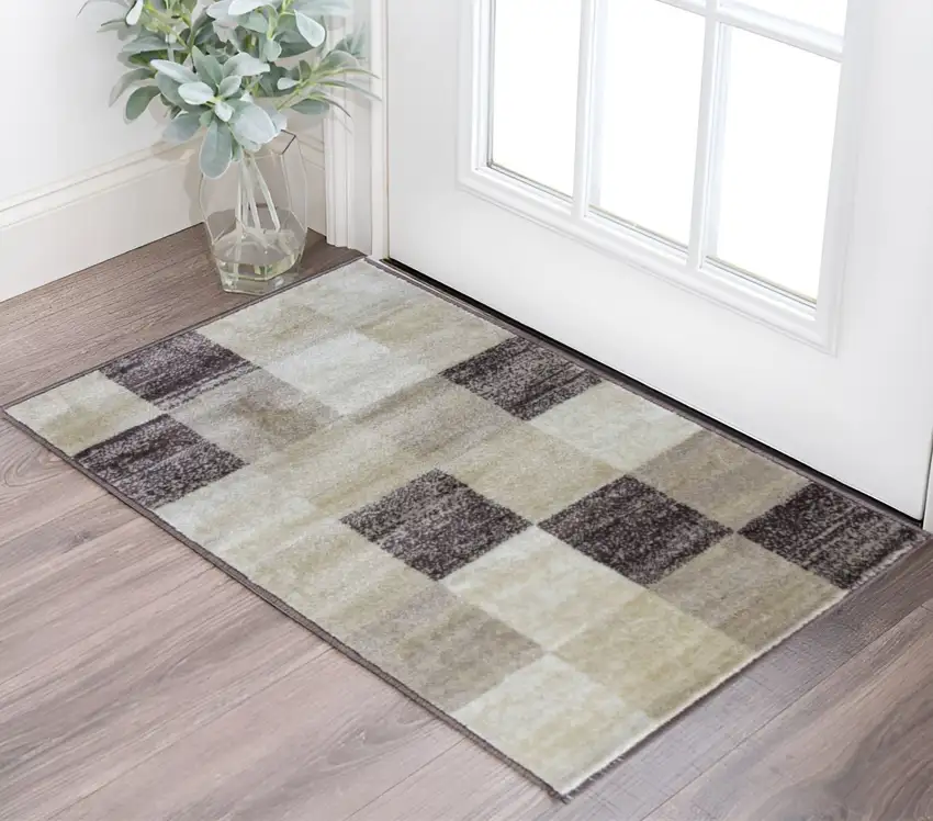 Beige Geometric Power Loom Stain Resistant Area Rug Photo 1