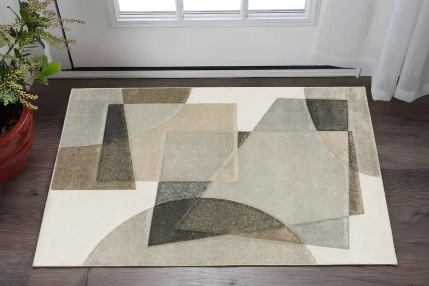 Beige Geometric Power Loom Stain Resistant Area Rug Photo 1