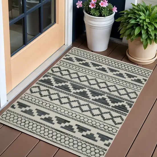 Blue and Beige Geometric Stain Resistant Indoor Outdoor Area Rug Photo 1