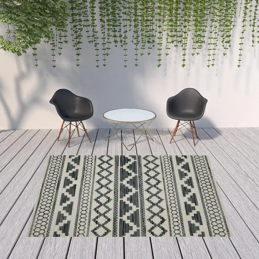 Beige Geometric Stain Resistant Indoor Outdoor Area Rug Photo 2
