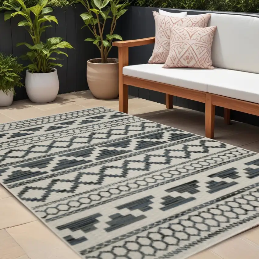 Blue and Beige Geometric Stain Resistant Indoor Outdoor Area Rug Photo 1