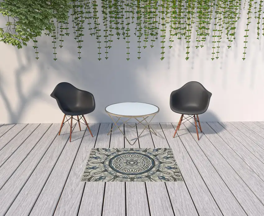 Beige Geometric Stain Resistant Indoor Outdoor Area Rug Photo 2