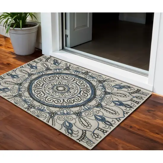 Blue and Beige Geometric Stain Resistant Indoor Outdoor Area Rug Photo 1