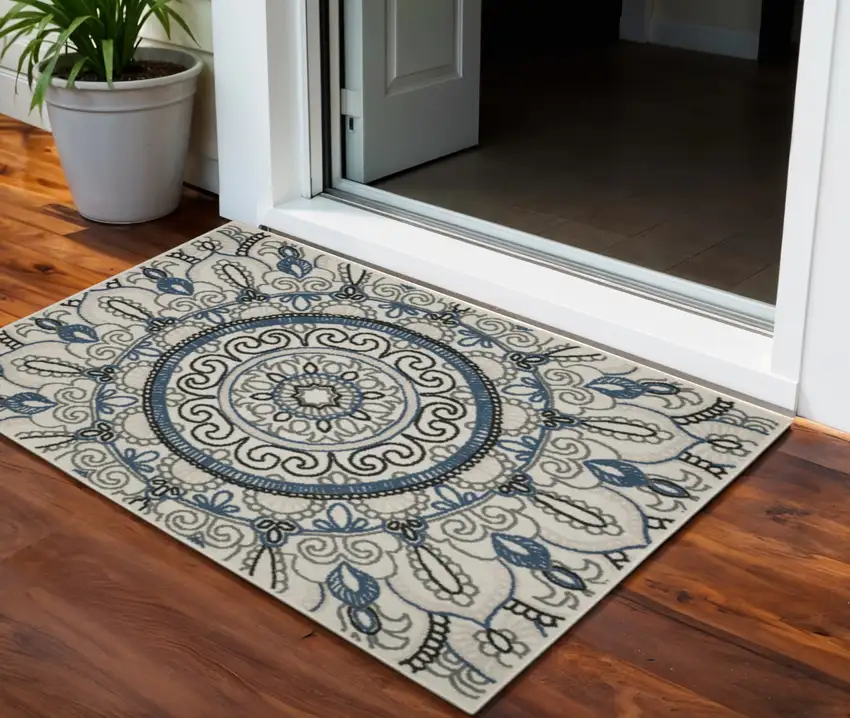 Blue and Beige Geometric Stain Resistant Indoor Outdoor Area Rug Photo 1