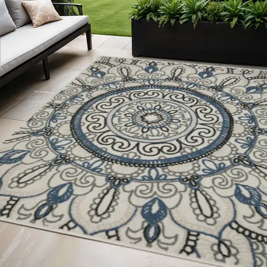 Blue and Beige Geometric Stain Resistant Indoor Outdoor Area Rug Photo 1