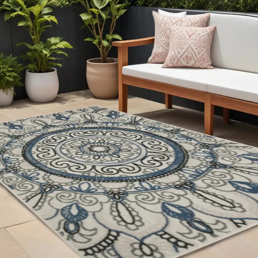Blue and Beige Geometric Stain Resistant Indoor Outdoor Area Rug Photo 1