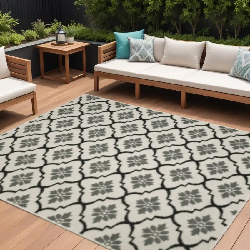 Beige and Black Geometric Stain Resistant Indoor Outdoor Area Rug Photo 1