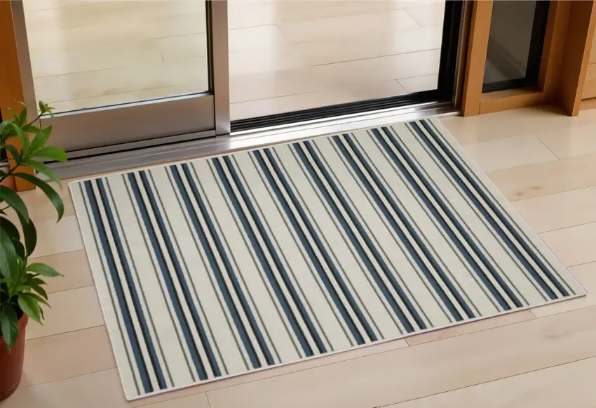 Blue and Beige Geometric Stain Resistant Indoor Outdoor Area Rug Photo 1