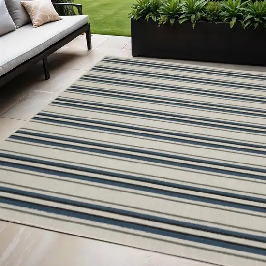 Blue and Beige Geometric Stain Resistant Indoor Outdoor Area Rug Photo 1