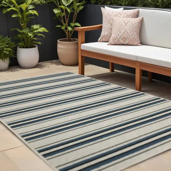 Blue and Beige Geometric Stain Resistant Indoor Outdoor Area Rug Photo 1