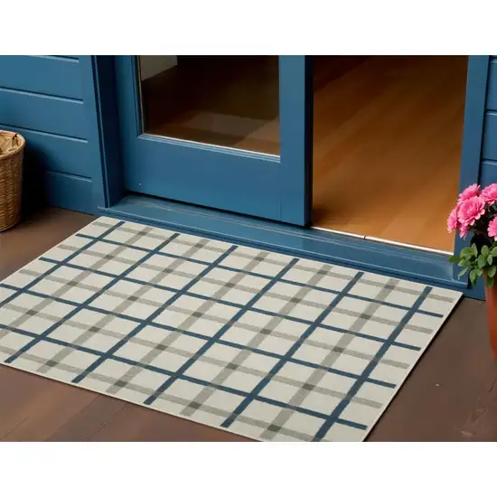 Blue and Beige Geometric Stain Resistant Indoor Outdoor Area Rug Photo 1