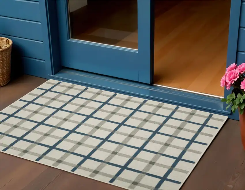 Blue and Beige Geometric Stain Resistant Indoor Outdoor Area Rug Photo 1