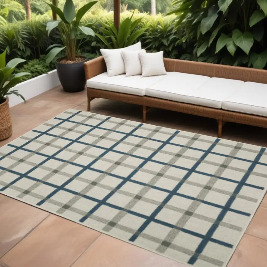 Blue and Beige Geometric Stain Resistant Indoor Outdoor Area Rug Photo 1