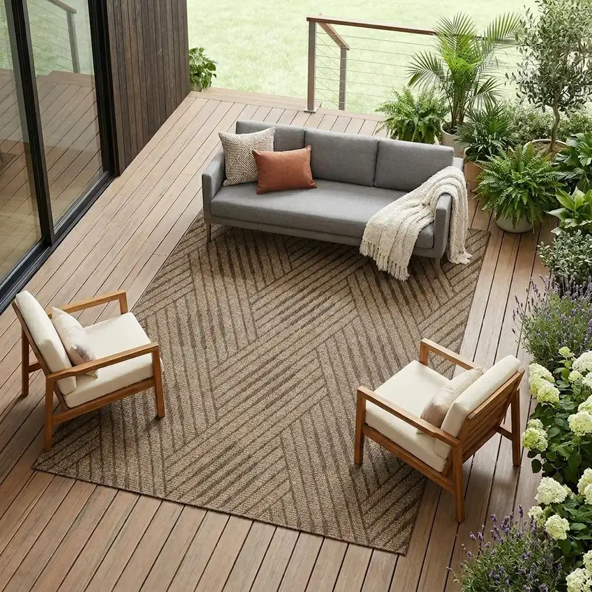 Beige Geometric Stain Resistant Indoor Outdoor Area Rug Photo 1