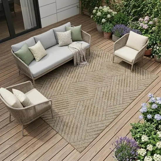 Beige Geometric Stain Resistant Indoor Outdoor Area Rug Photo 1