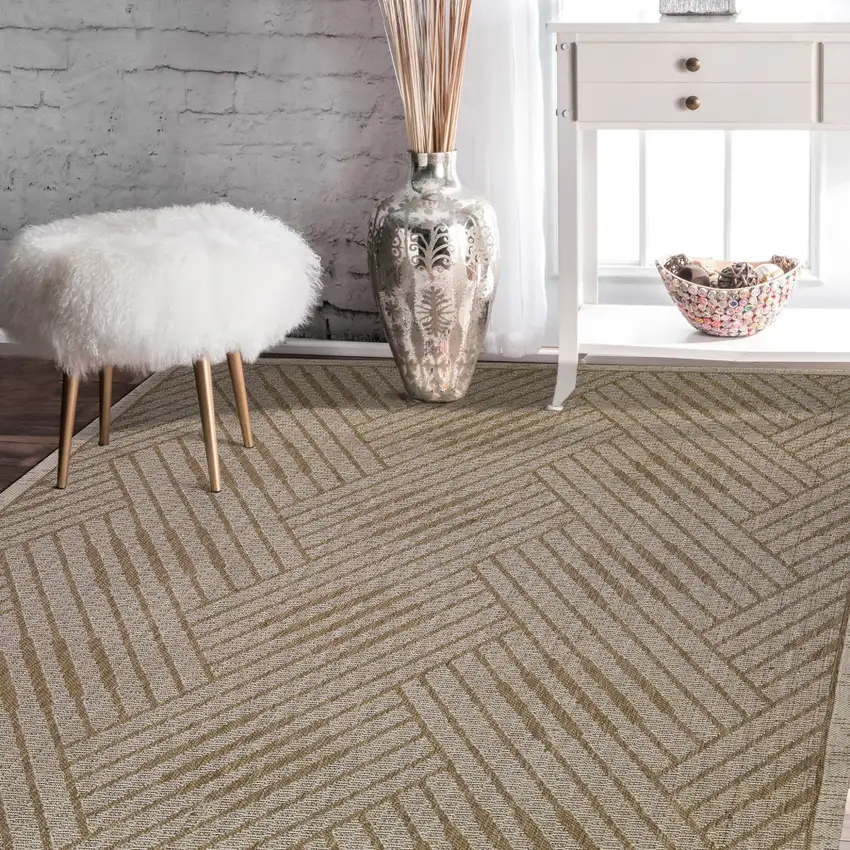 Beige Geometric Stain Resistant Indoor Outdoor Area Rug Photo 5