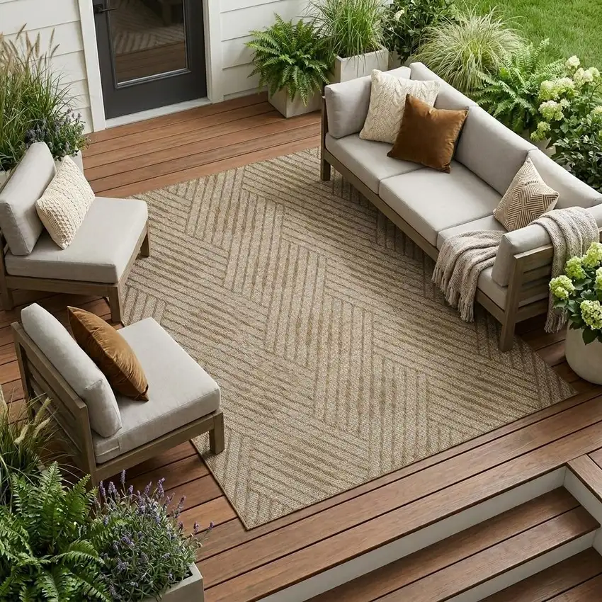 Beige Geometric Stain Resistant Indoor Outdoor Area Rug Photo 1