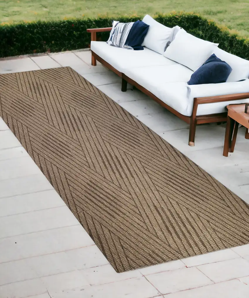 Beige Geometric Stain Resistant Indoor Outdoor Runner Rug Photo 1