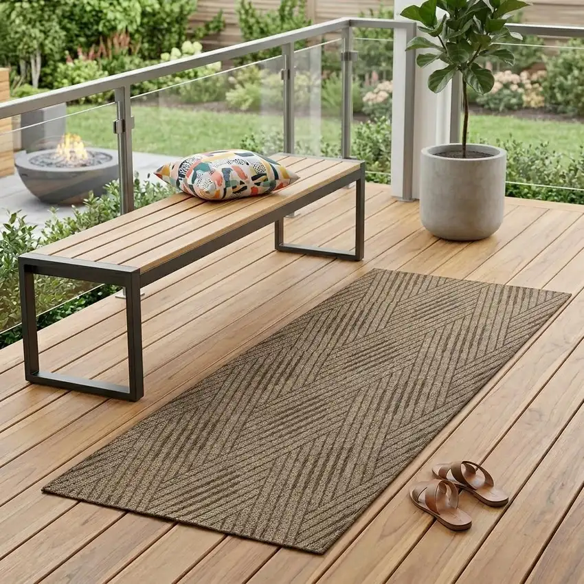 Beige Geometric Stain Resistant Indoor Outdoor Runner Rug Photo 1