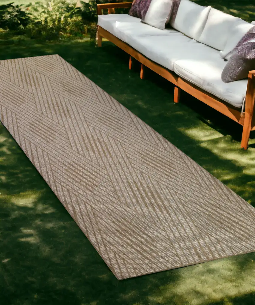 Beige Geometric Stain Resistant Indoor Outdoor Runner Rug Photo 1