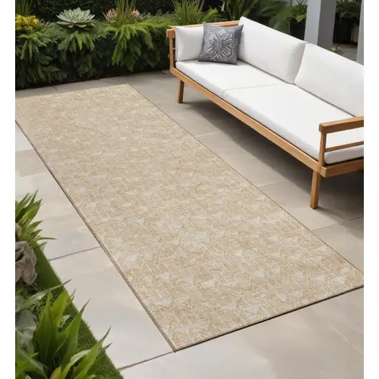 Beige Geometric Washable Indoor Outdoor Runner Rug Photo 1