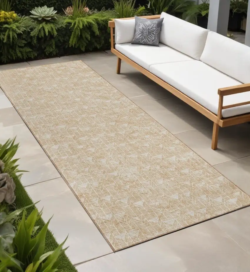 Beige Geometric Washable Indoor Outdoor Runner Rug Photo 1