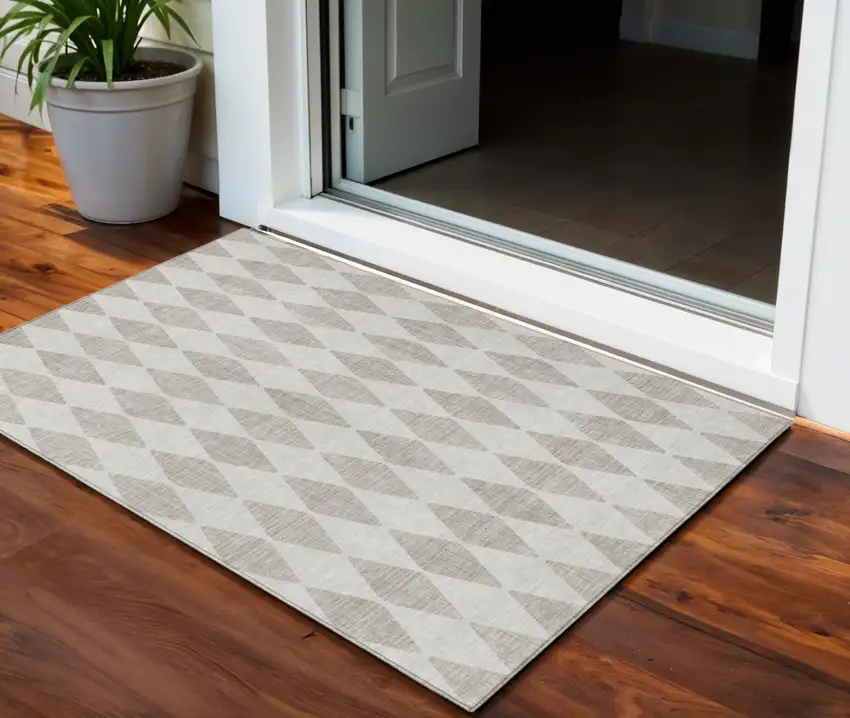 Beige Geometric Washable Non Skid Indoor Outdoor Area Rug Photo 1