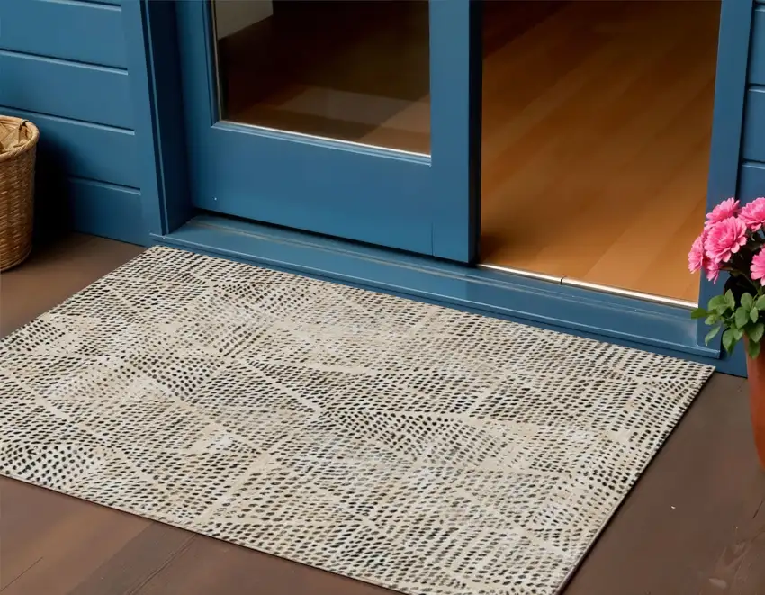 Beige Geometric Washable Non Skid Indoor Outdoor Area Rug Photo 1