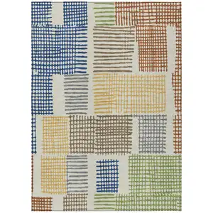 Photo of Beige Gold And Blue Geometric Washable Indoor Outdoor Area Rug