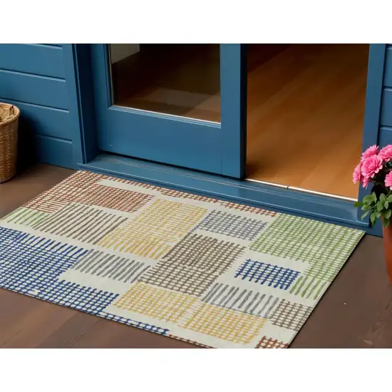 Beige Gold And Blue Geometric Washable Indoor Outdoor Area Rug Photo 2