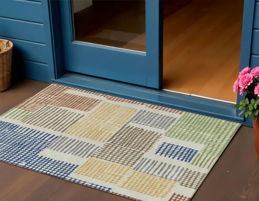 Beige Gold And Blue Geometric Washable Indoor Outdoor Area Rug Photo 2