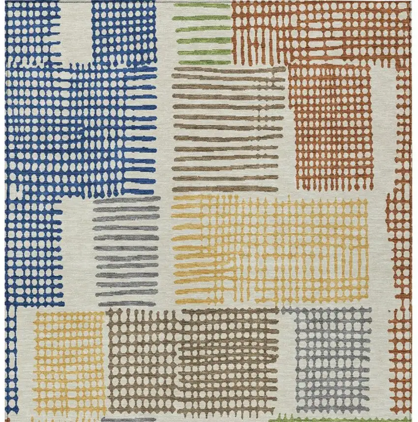 Beige Gold And Blue Geometric Washable Indoor Outdoor Area Rug Photo 4