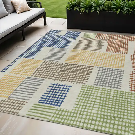 Beige Gold And Blue Geometric Washable Indoor Outdoor Area Rug Photo 2