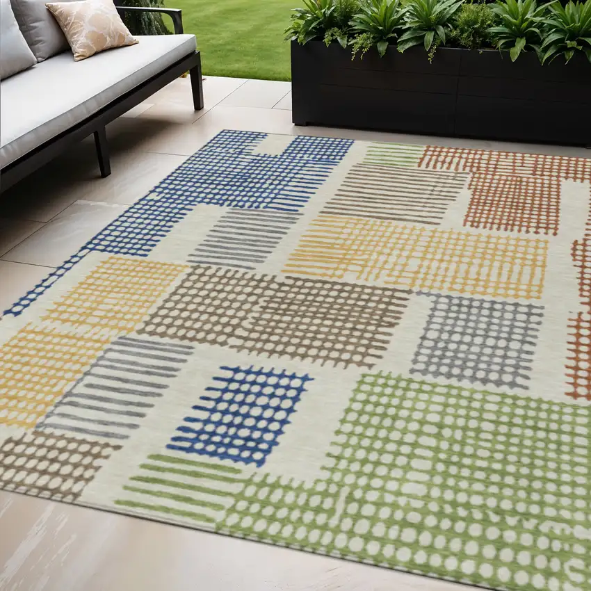 Beige Gold And Blue Geometric Washable Indoor Outdoor Area Rug Photo 2