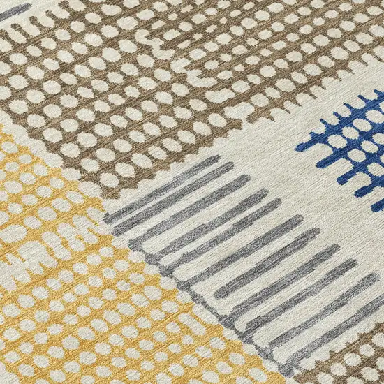 Beige Gold And Blue Geometric Washable Indoor Outdoor Area Rug Photo 9