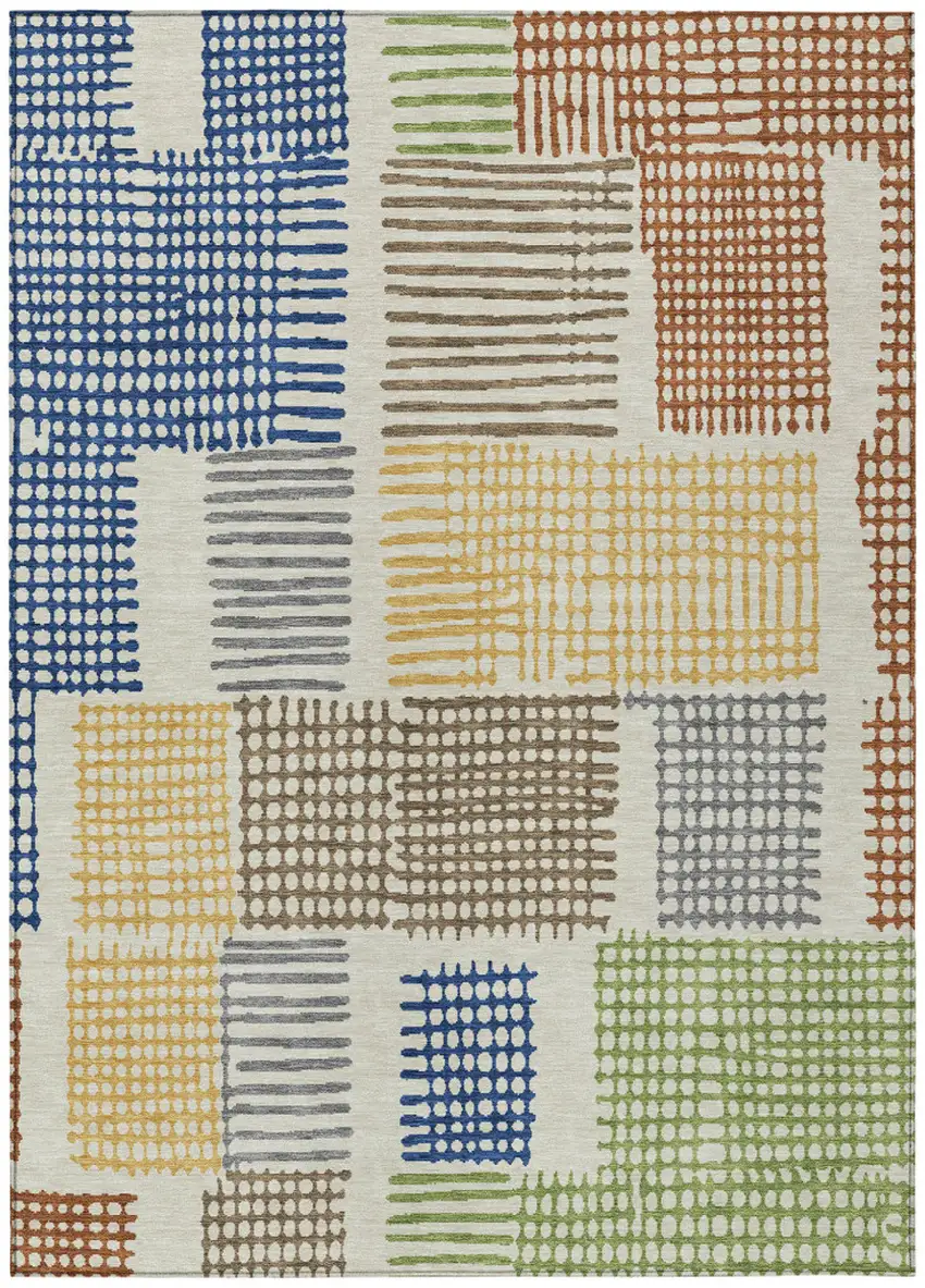 Beige Gold And Blue Geometric Washable Indoor Outdoor Area Rug Photo 1