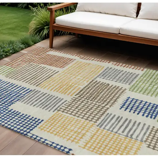 Beige Gold And Blue Geometric Washable Indoor Outdoor Area Rug Photo 2
