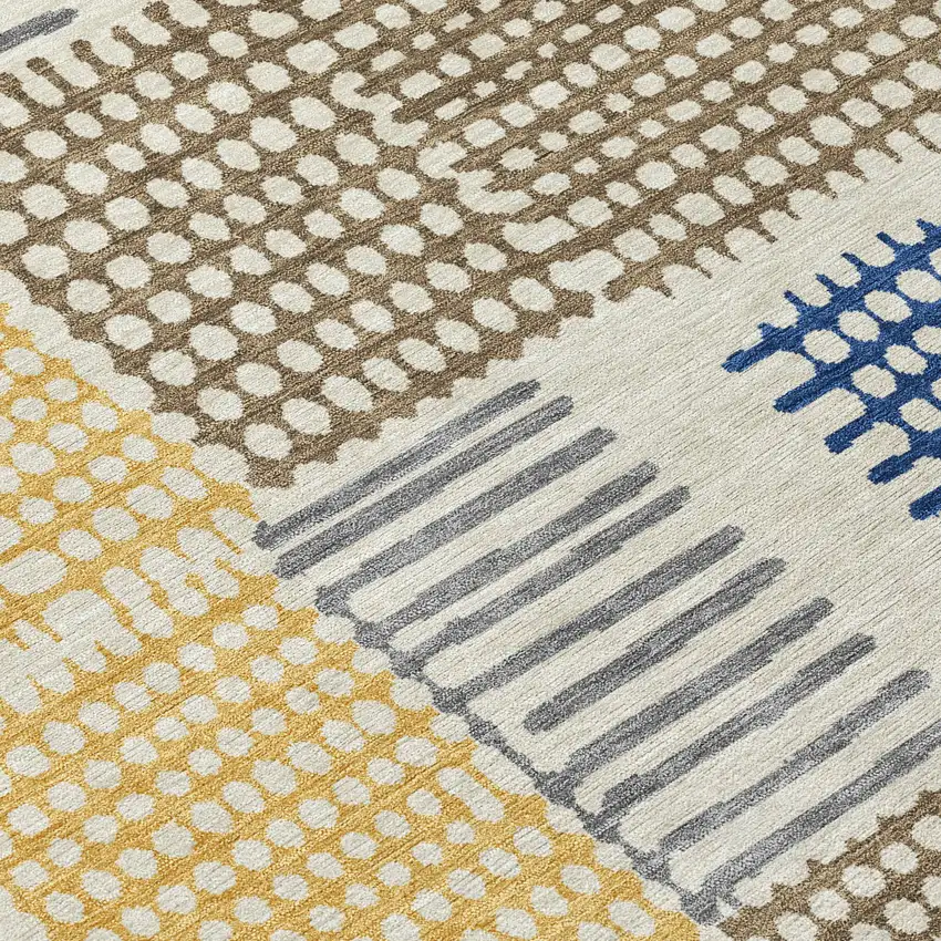 Beige Gold And Blue Geometric Washable Indoor Outdoor Area Rug Photo 8
