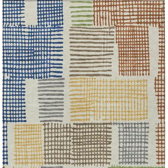 Beige Gold And Blue Geometric Washable Indoor Outdoor Area Rug Photo 4