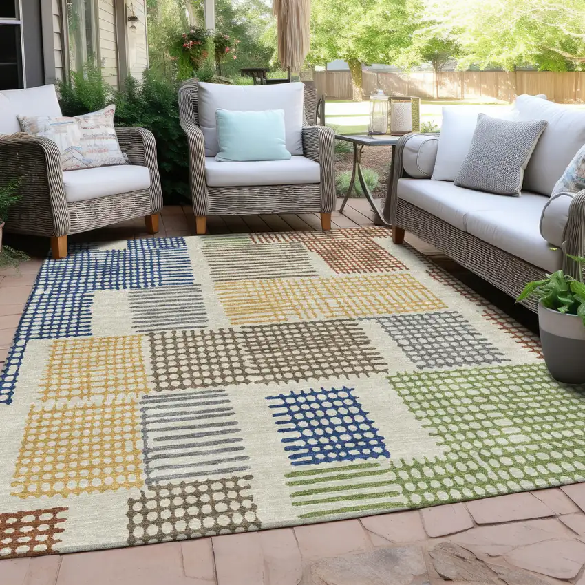 Beige Gold And Blue Geometric Washable Indoor Outdoor Area Rug Photo 9