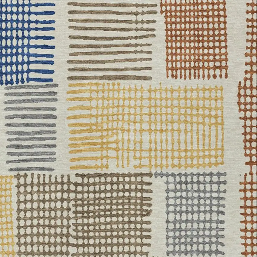 Beige Gold And Blue Geometric Washable Indoor Outdoor Area Rug Photo 3