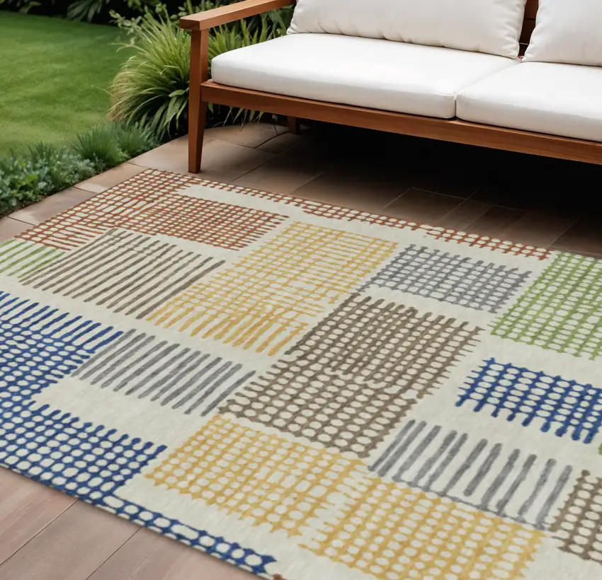 Beige Gold And Blue Geometric Washable Indoor Outdoor Area Rug Photo 2
