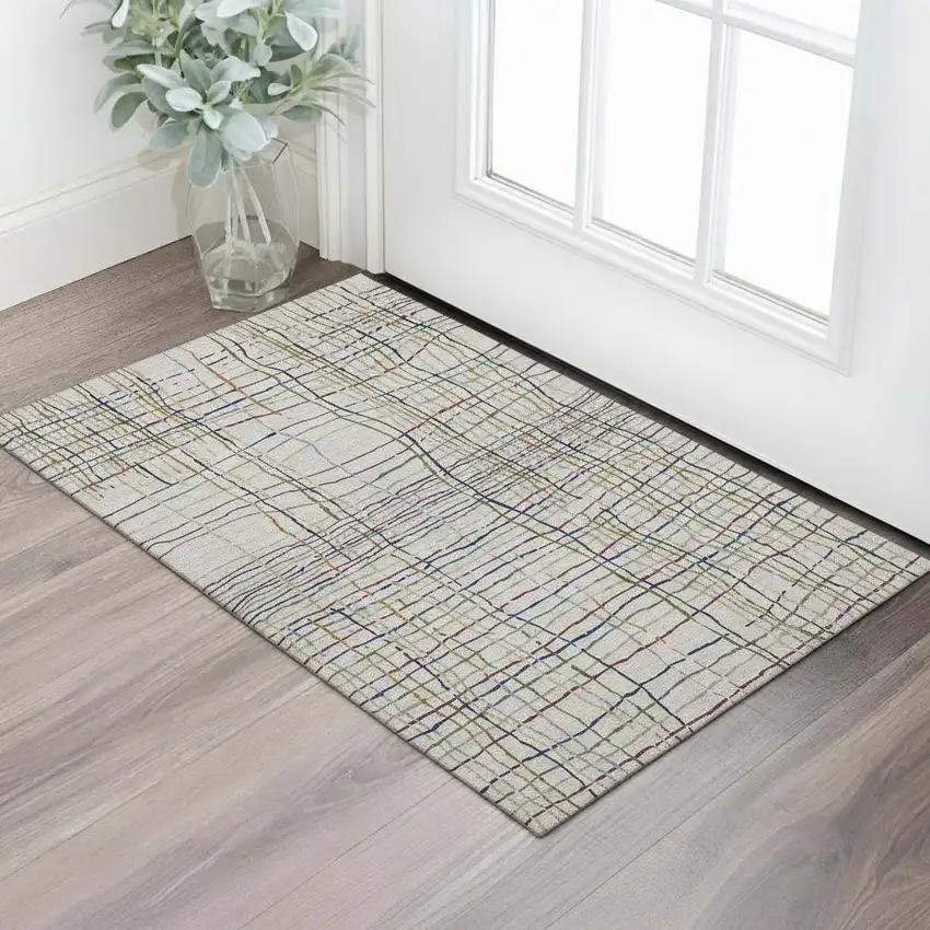 Beige Gold And Blue Striped Washable Area Rug With UV Protection Photo 2