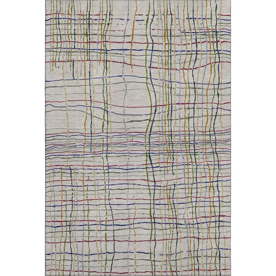 Beige Gold And Blue Striped Washable Area Rug With UV Protection Photo 1