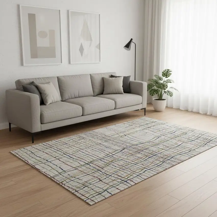 Beige Gold And Blue Striped Washable Area Rug With UV Protection Photo 2